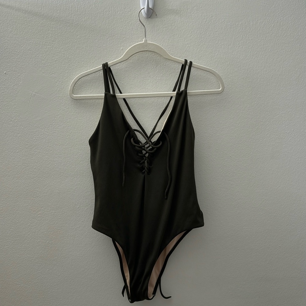 LA Hearts Army Green Lace Up One Piece Swimsuit in Size Medium
